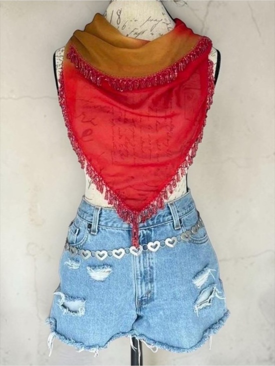 Accessories - Beaded Fringe Ombre Triangle Shawl Scarf • Sunset Red Gold Boho Western